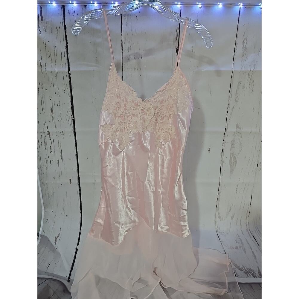 Vtg Victoria's Secret S Champagne Poly Satin Long Nightgown Lace Trim Bridal